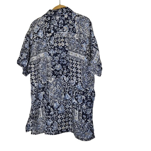 Robert Stock Floral Geometric Patchwork Blue White Shirt M Silk Hawaii Button-Up - Picture 2 of 8